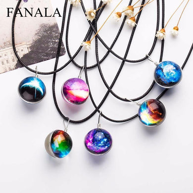2017 Lovely Crystal Pendants Glass Chain Galaxy Maxi Necklace Stars Necklace Duplex Ball Pattern Galaxy Leather Planet Glass