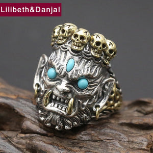 2017 New 925 Sterling Silver Ring Men Jewelry Bless Lucky Buddha Blue turquoise Ring Adjustable Gift Fine Jewelry R9