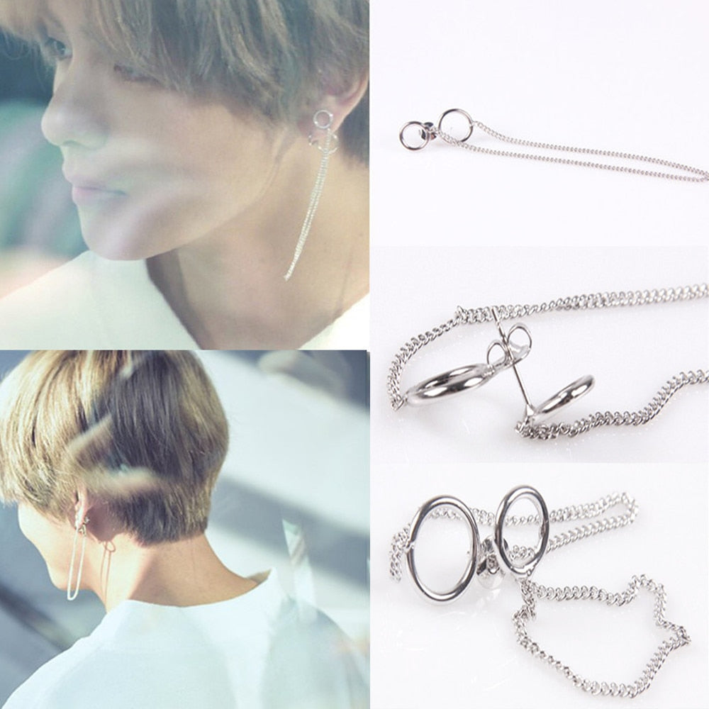 2017 New Fashion 1 Pair BTS V Earrings Bangtan Boys V Stud Doulbe Ring Chain Long Earrings Jewelry