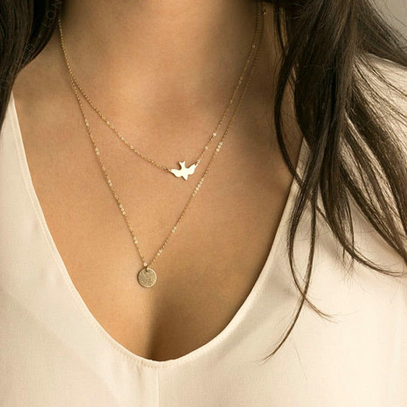 2017 New Peace Dove Soar Flying 2 Layers Crystal Sequins Chain pigeon bird Water Drop Pendant Multilayer Necklace Female