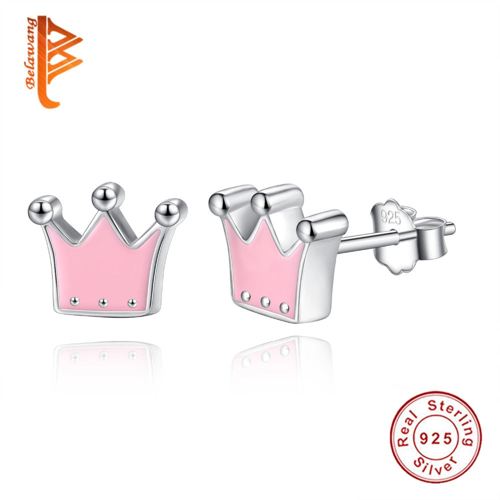2017 Presents 925 Sterling Silver Pink Enamel Queen Crown Stud Earrings for Women Fashion Jewelry Valentine's D Gift