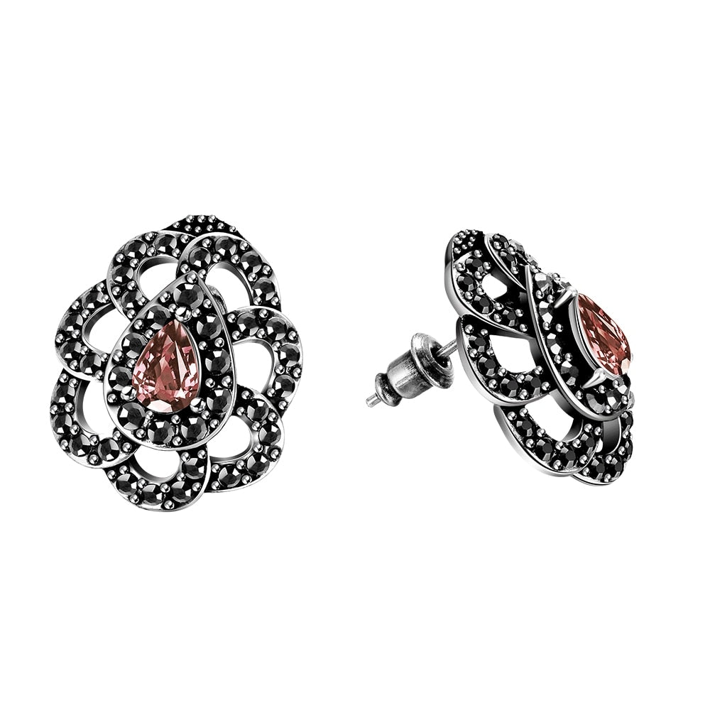 2017 new Tibetan silver big solid hollow flower red stone earring stud Vintage for women fashion wedding jewelry FSE008