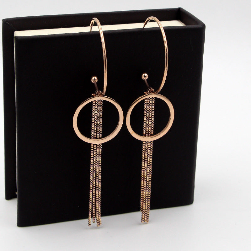 2018 Fashion Stainless Steel Love Long Tassel Chain Circle Round C Drop Earring Rose Gold Color Women Party Gift