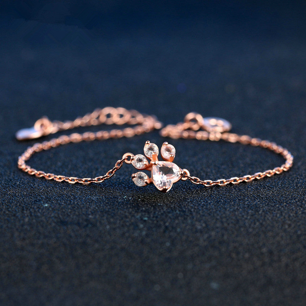 2018 Fine Jewelry Tassut Cat Dog Paw Claw Print Bracelet for Women Animal 925 Sterling Sliver Natural Rose Quartz Bracelets
