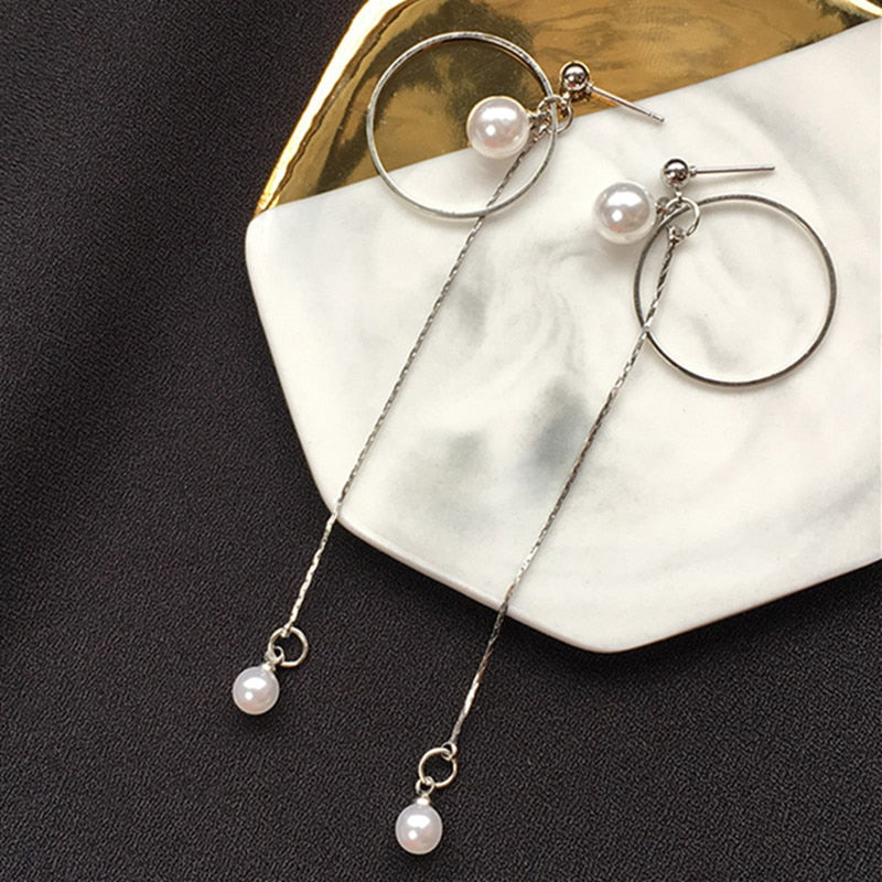 2018 Japan and South Korea Elegant Women Lady Geometry Circle Tassel Simulated Pearl Long Earrings Fashion Jewelry Brincos Gifts