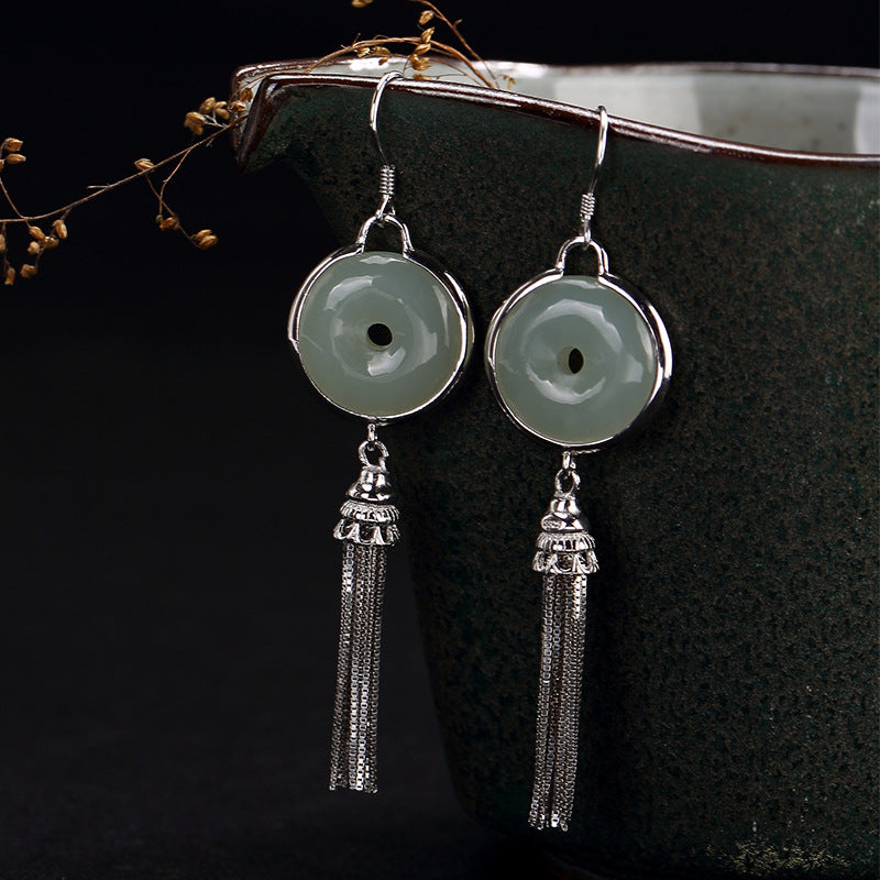 2018 Limited Sale Restoring Ancient Ways Is Hetian Jade Inl Peace Buckle Tassel Female High-grade Pendant Earrings Wholesale