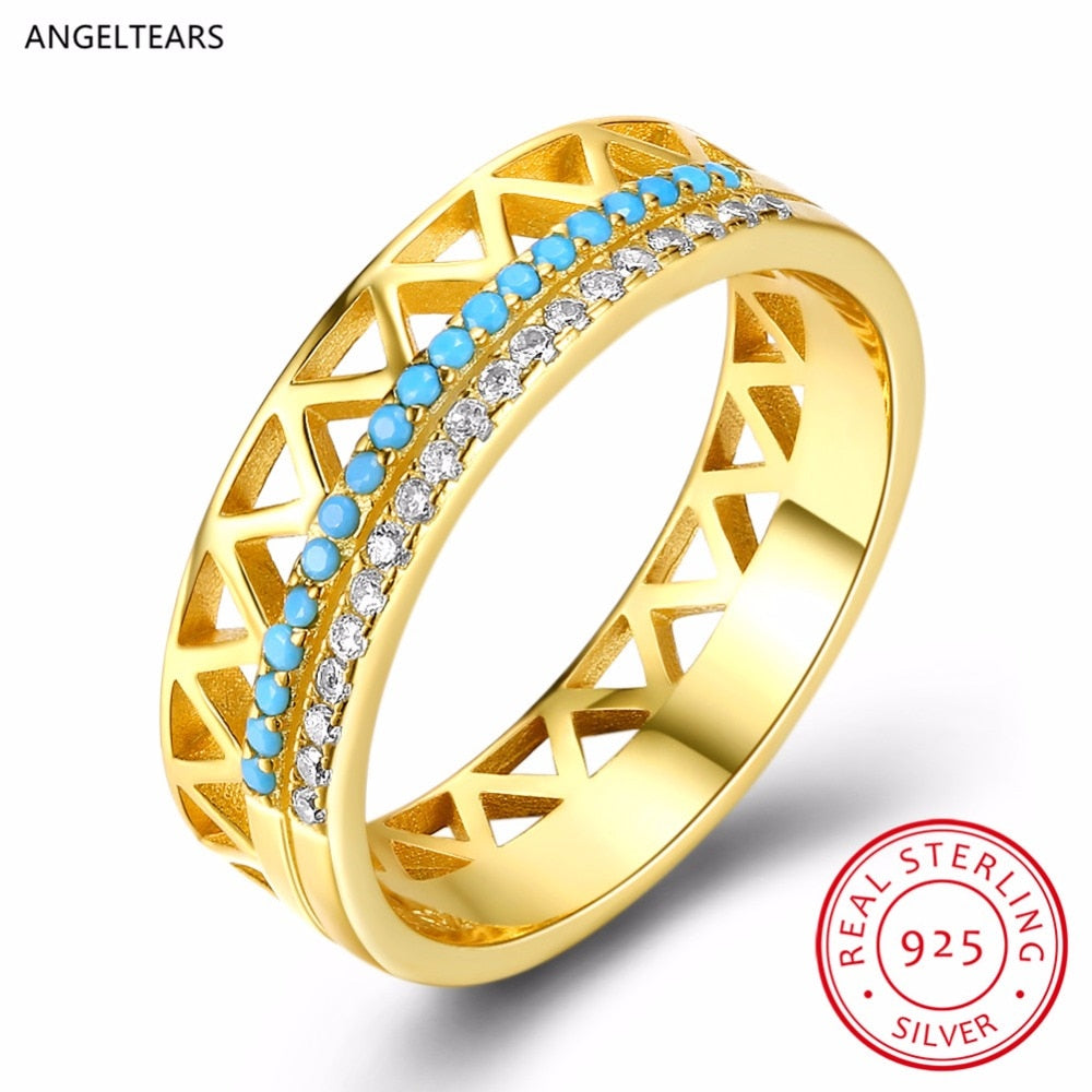 2018 New 925 Sterling Silver Golden Turquoise & Zircon Finger Ring Fashion Fine Party Jewelry Woman and Ladies Gifts anel bague