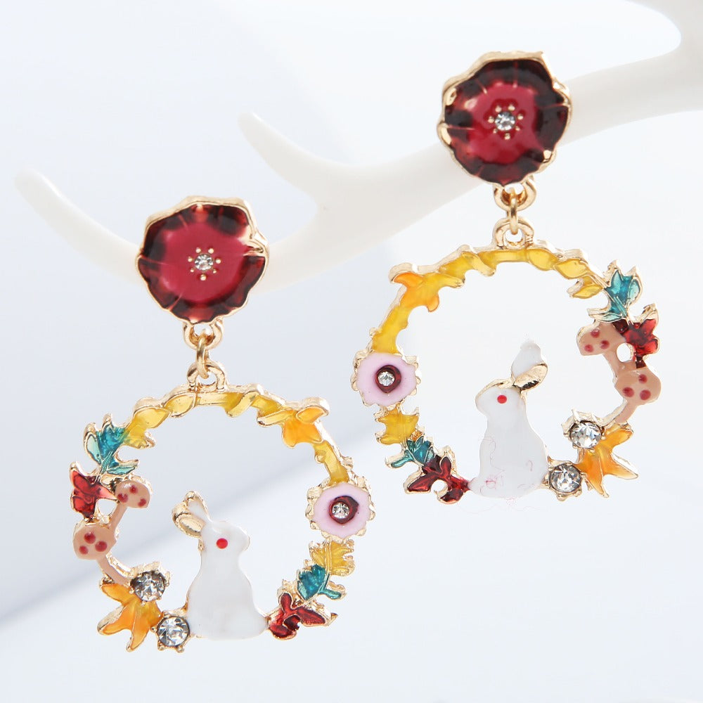 2018 New Arrival Cute Colorful Enamel Rabbit Flowers Earrings For Women Vintage drop Earrings Animal Girl'S Gift 005
