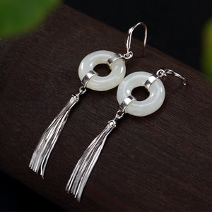 2018 New Arrival Sale Brinco Ancient Ways Is Thai Inlaid Hetian Jade Peace Buckle Tassel Female High-grade Eardrop Wholesale