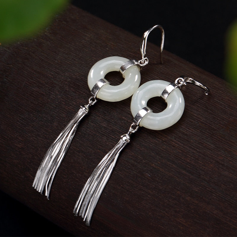 2018 New Arrival Sale Brinco Ancient Ways Is Thai Inlaid Hetian Jade Peace Buckle Tassel Female High-grade Eardrop Wholesale