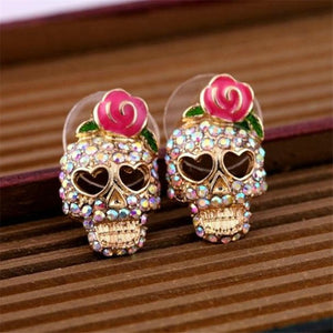 2018 New Arrivals European and American Fashion Roses Skull Head Brincos Oorbellen Colored Crystal Stud Earrings Women Jewelry
