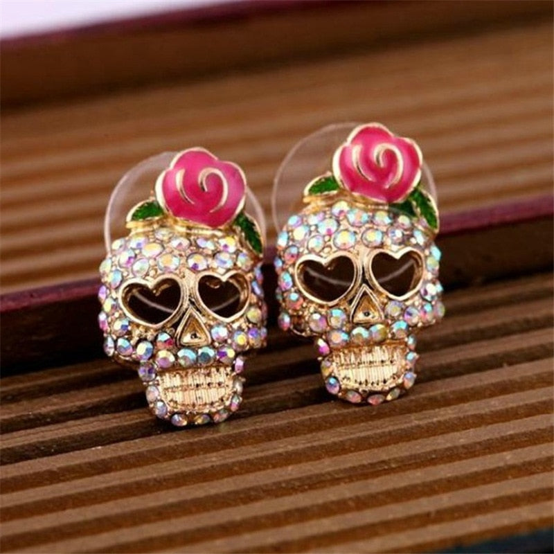 2018 New Arrivals European and American Fashion Roses Skull Head Brincos Oorbellen Colored Crystal Stud Earrings Women Jewelry