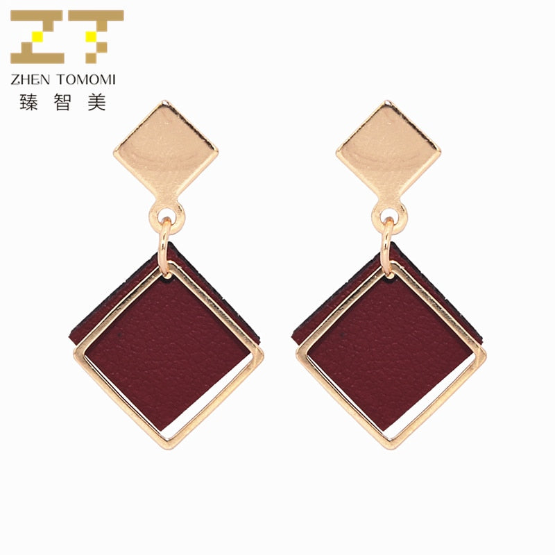 2018 New Arrivals Women's Hot Fashion Simple Geometric Hollow Square Earrings Wine Red Leather Drop Earrings For Women Jewelry