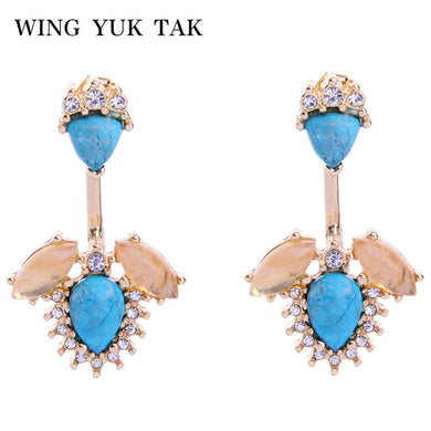 2018 New Fashion Jewelry Blue Natural Stone Metallic Stud Earrings for Women Gold Color Crystal Leaves Earring Party Jewelry