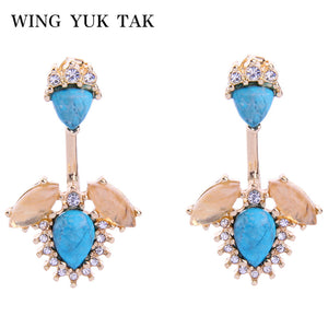 2018 New Fashion Jewelry Blue Natural Stone Metallic Stud Earrings for Women Gold Color Crystal Leaves Earring Party Jewelry