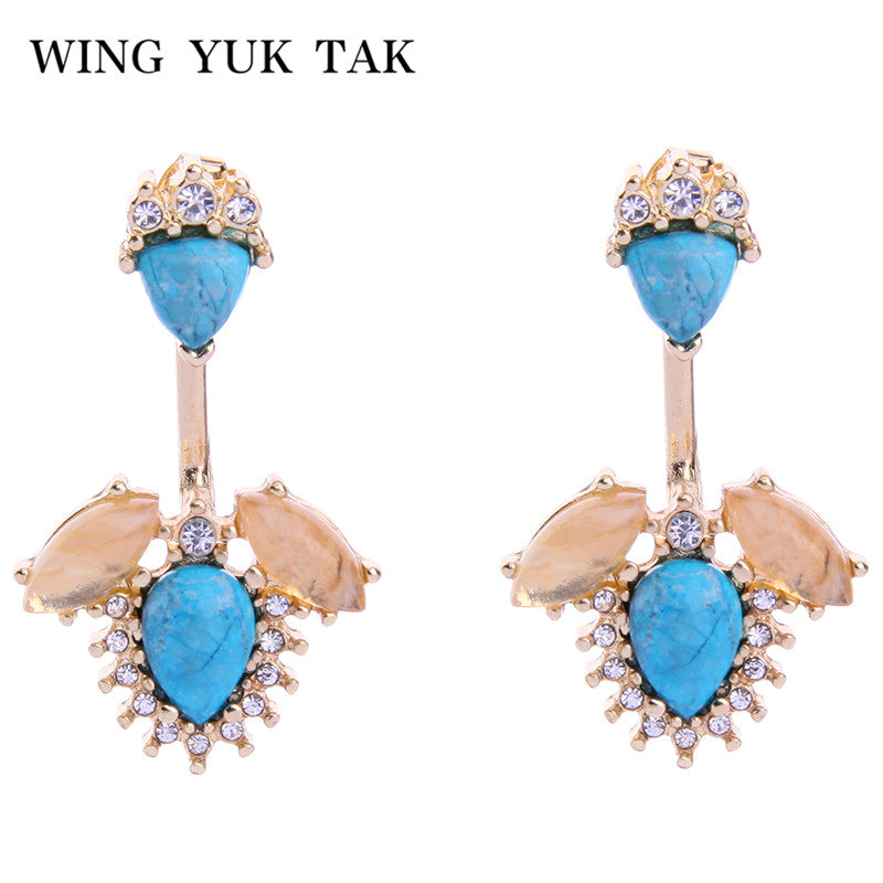 2018 New Fashion Jewelry Blue Natural Stone Metallic Stud Earrings for Women Gold Color Crystal Leaves Earring Party Jewelry