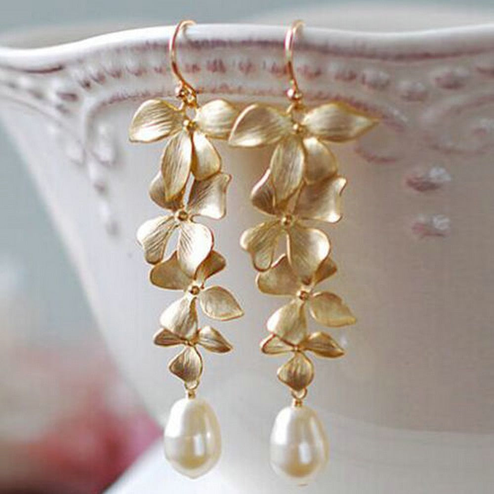 2018 New Fashion Women Lady Gold Orchid Matte Flower Pendant Long Dangle Hook Earrings Jewelry Gift