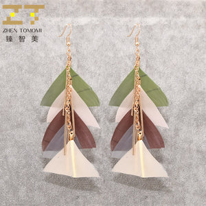2018 New Korea Women's Hot Fashion Long Statement Earrings Sector Multicolor Feather Metal Rods Drop Earrings For Women Jewelry