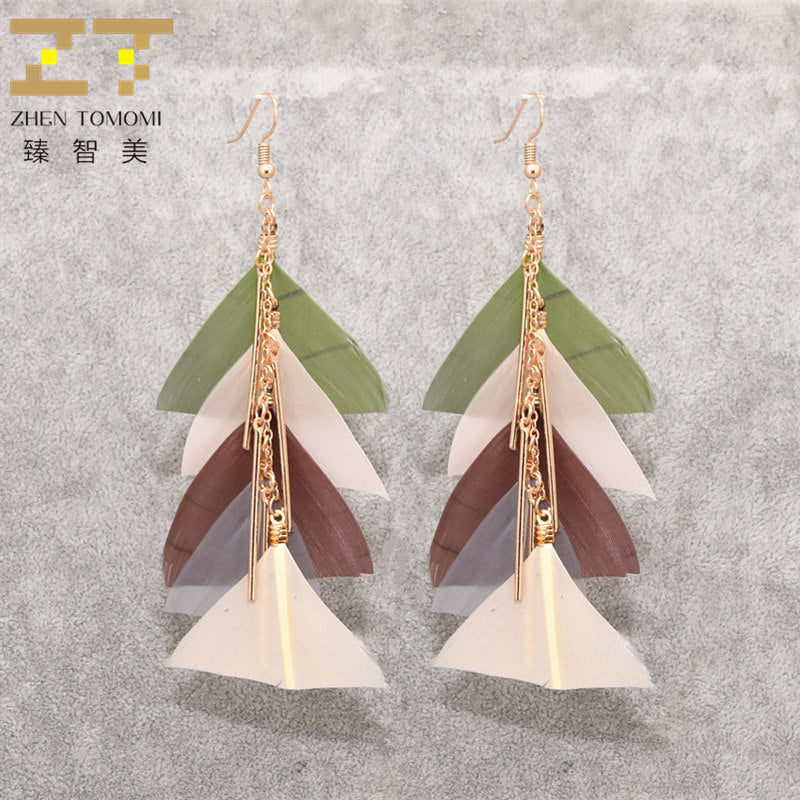2018 New Korea Women's Hot Fashion Long Statement Earrings Sector Multicolor Feather Metal Rods Drop Earrings For Women Jewelry