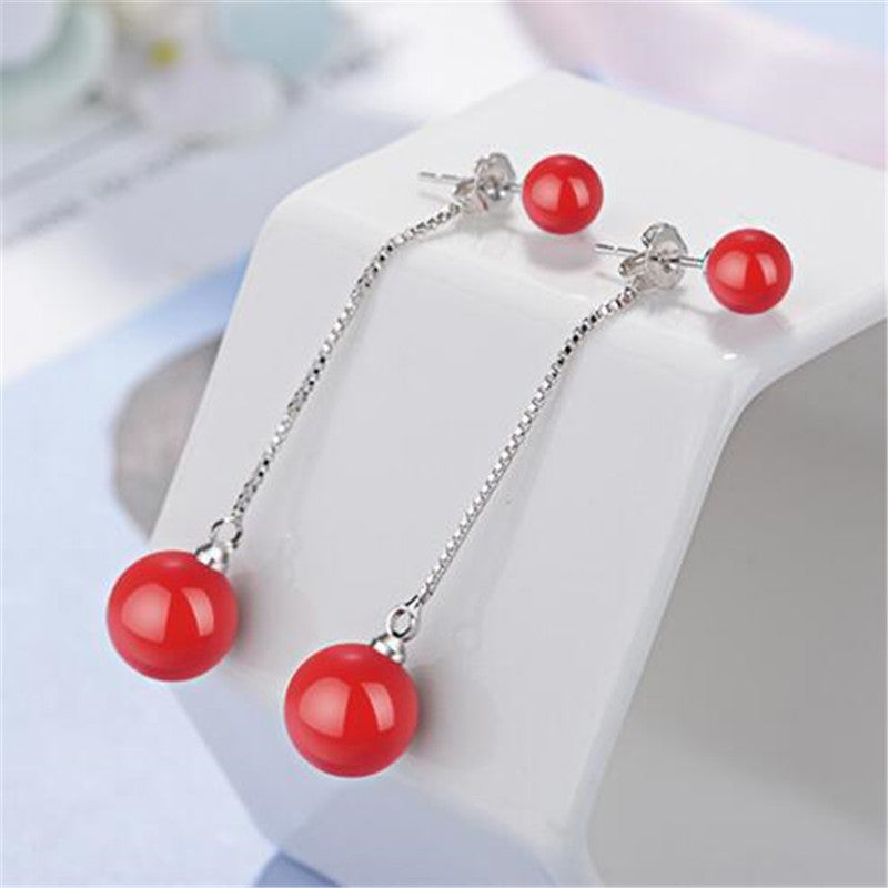 2018 New Luxurious Pure 925 Sterling Silver Round Red Luster Pearl Long Stud Earrings For Women Sterling-Silver-Jewelry E610