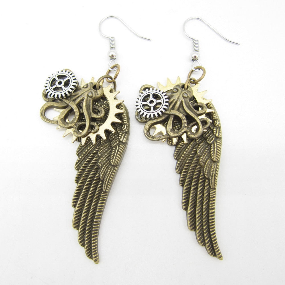 2018 New Original Design Brass Ox Octopus and Wings Vintage Steampunk Charm Earring Fashion Jewelry