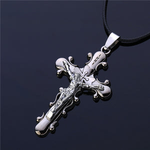 2018 New Trendy Men Jewelry Gunblack Plated Initial Letters Carved Imitation Titanium Steel Gothic Jesus Cross Pendant Necklace