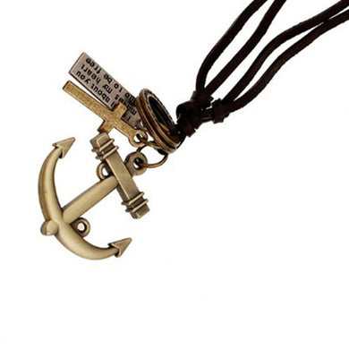 2018 New Vintage Genuine Leather Men Necklace Male Anchor Pendant Jewelry Chain For Men Collar Long Leather Cord Necklace