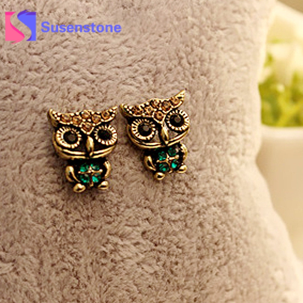 2018 New Women's Fashion Ear Jewelry Cute Owl Style Green Rhinestone Vintage Ear Stud Earrings Animal Statement Earrings Brincos