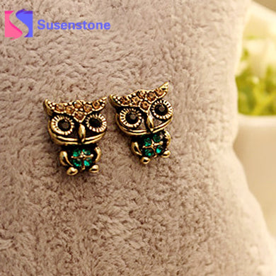 2018 New Women's Fashion Ear Jewelry Cute Owl Style Green Rhinestone Vintage Ear Stud Earrings Animal Statement Earrings Brincos