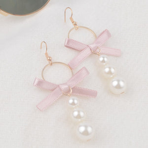 2018 Original sweet pink bow satin ribbon earrings long korean earrings for women Pearl earrings ER018031