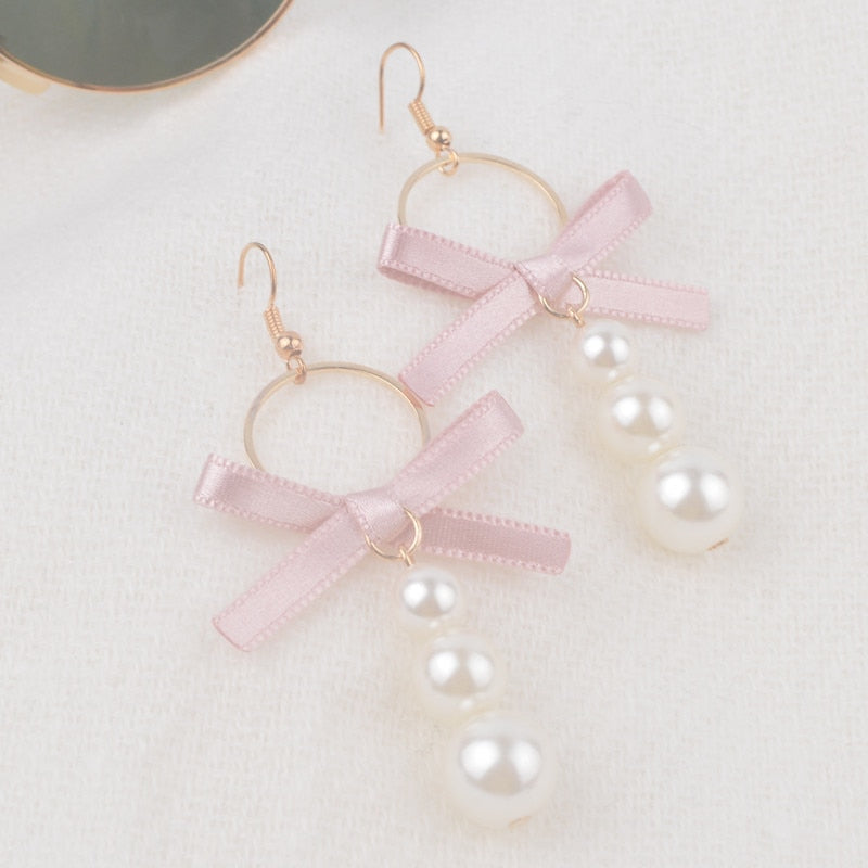 2018 Original sweet pink bow satin ribbon earrings long korean earrings for women Pearl earrings ER018031