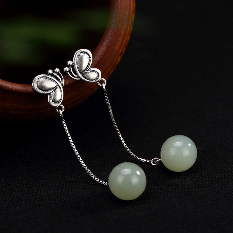 2018 Real Limited Brinco S925 Pure Antique, Old Natural Hetian Jade Mosaic Butterfly Lady High-end Ear Pendant Wholesale