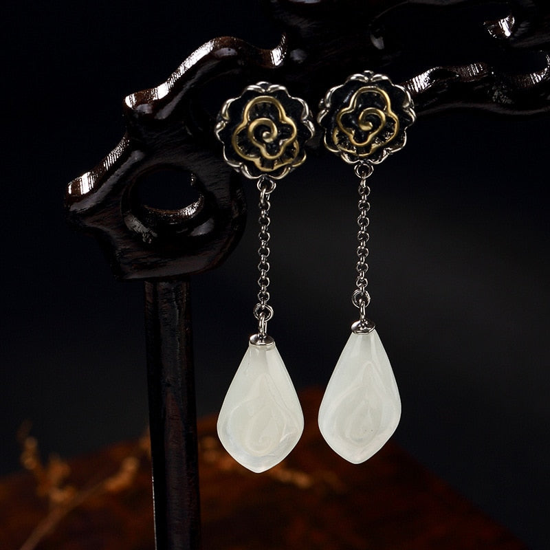 2018 Real New Arrival Brinco S925 Pure Antique Mosaic And Tian Yu Jade Tulip Lady High-end Ear Pendant Earrings Wholesale