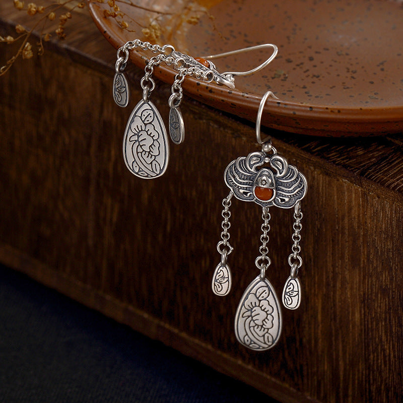 2018 Real New Arrival Brinco S925 Sterling Antique Old Inlaid South Peony Flower Fu In Front Of Ladies Earrings Wholesale