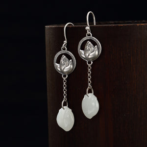2018 Rushed New Brinco One Deer S925 Pure Antique Inlaid And Tian Yu Jade Lotus Lady High Grade Jaunt Earrings Wholesale