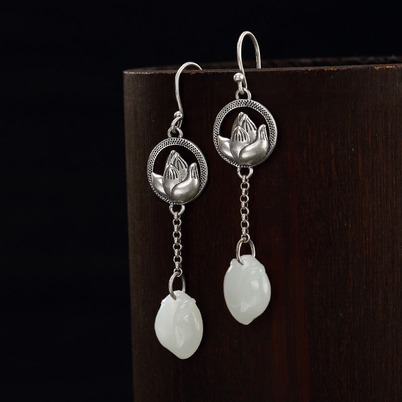2018 Rushed New Brinco One Deer S925 Pure Antique Inlaid And Tian Yu Jade Lotus Lady High Grade Jaunt Earrings Wholesale