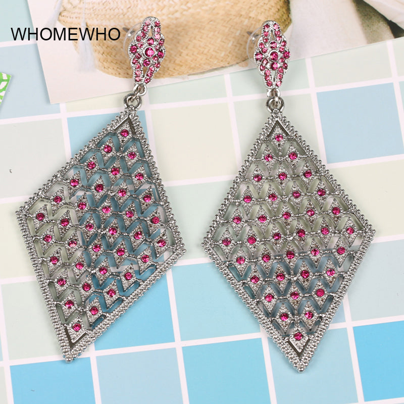 2018 Silver Alloy Metal Geometric Pink Rhinestones Earrings Fashion women Summer Bridal Wedding Party Jewelry