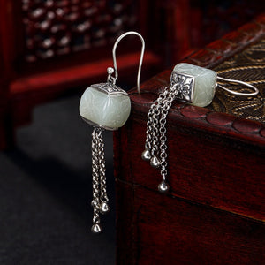 2018 Time-limited Real Brinco S925 Pure Antique Mosaic And Tian Yu Jade Pattern Tassel Lady High-end Earrings Wholesale