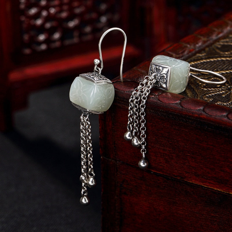 2018 Time-limited Real Brinco S925 Pure Antique Mosaic And Tian Yu Jade Pattern Tassel Lady High-end Earrings Wholesale