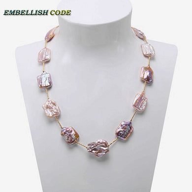 2018 new big size baroque pearl peach or purple statement necklace square flat shape natural pearls rose golden beads