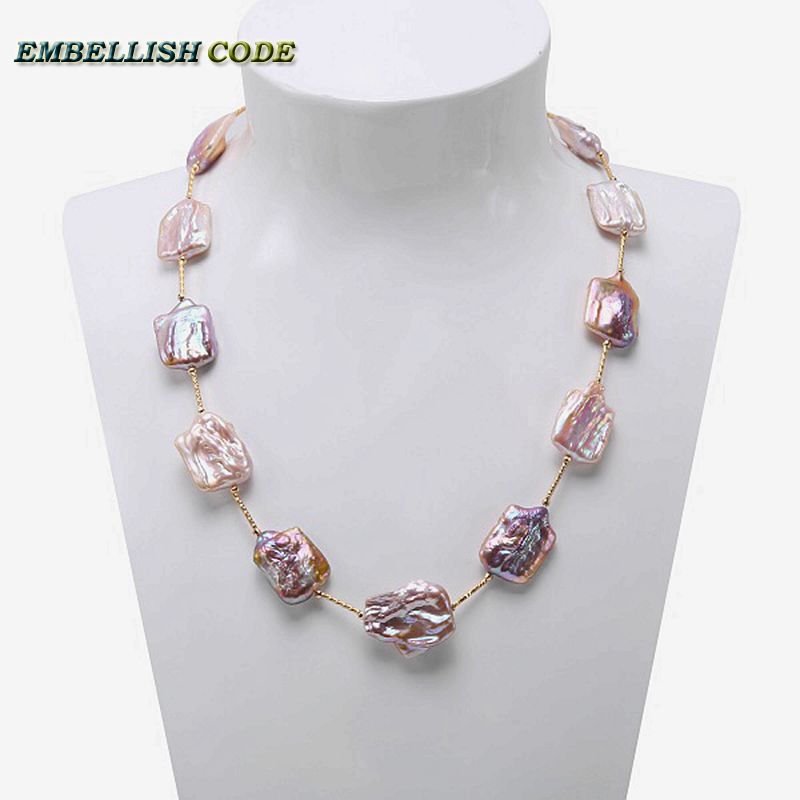 2018 new big size baroque pearl peach or purple statement necklace square flat shape natural pearls rose golden beads