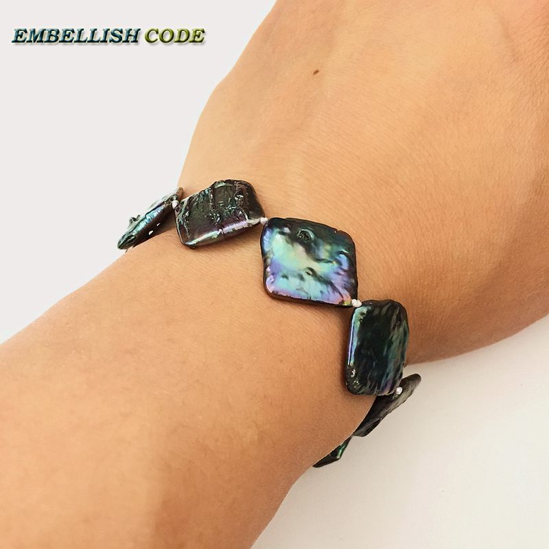 2018 new kind baroque pearl bracelet Bangles black few green color flat block shape real pearls for women