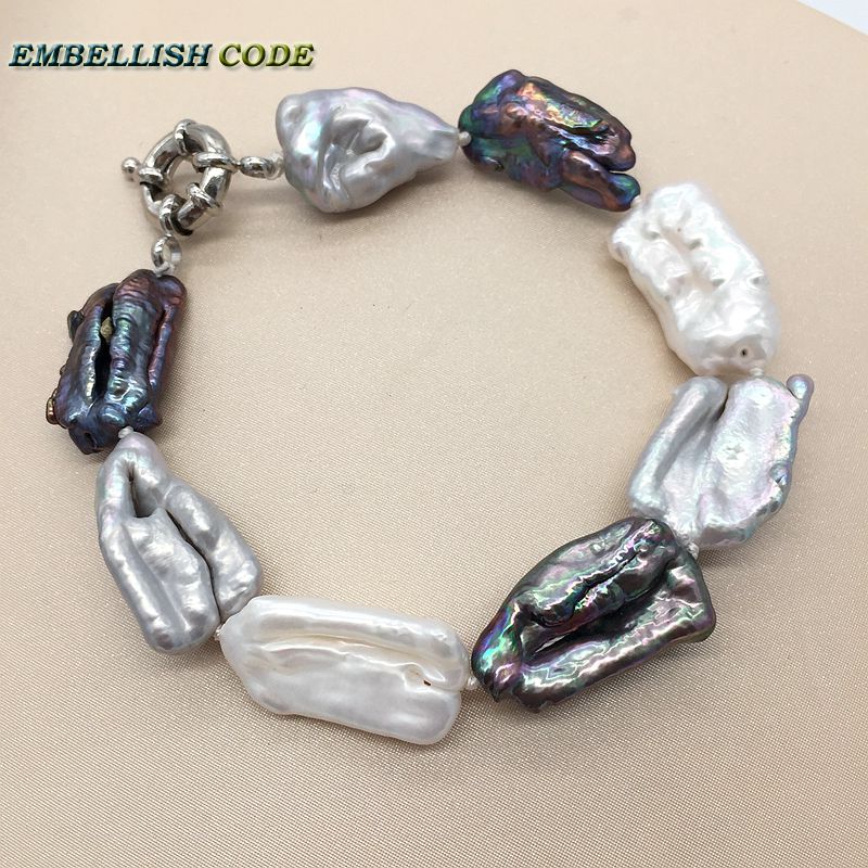 2018 new kind baroque pearl bracelet Bangles white grey black color flat block shape real Cultured pearls gift for girl