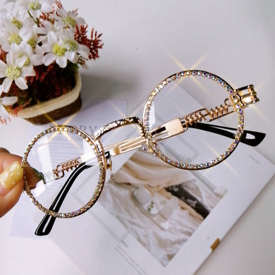 2023 Vintage Round Diamond Sunglasses Women  Brand Steampunk Red Black Clear Lens Rhinestone Eyeglasses UV400 Gafas de sol