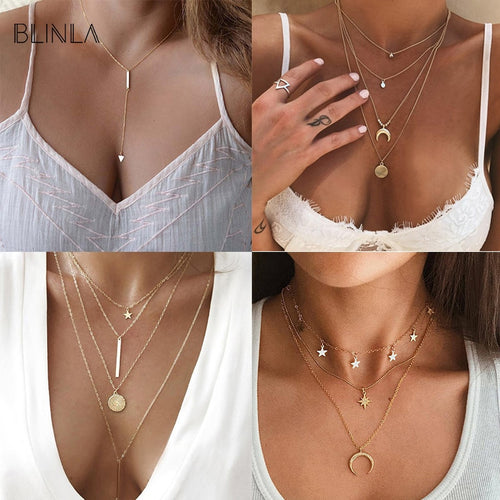 2020 Gold Long Chain Necklace Chokers For Women Multilayer Geometric Cross Pendant Necklaces Boho Maxi Statement Party Jewelry