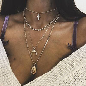 2020 Gold Long Chain Necklace Chokers For Women Multilayer Geometric Cross Pendant Necklaces Boho Maxi Statement Party Jewelry