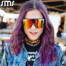 Carica l&#39;immagine nel visualizzatore di Gallery, 2023 Flat Top Goggle Sun Glasses Women Men Blue Frame Mirrored Lens Windproof Sport No Polarized Sunglasses For Men/Woman UV400