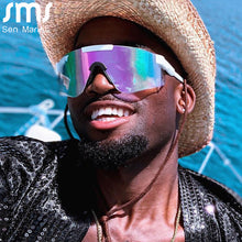 Load image into Gallery viewer, 2023 Flat Top Goggle Sun Glasses Women Men Blue Frame Mirrored Lens Windproof Sport No Polarized Sunglasses For Men/Woman UV400