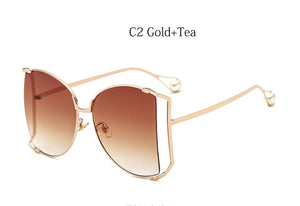 2022  Brand Pearls Half Round Sunglasses Women  Big Frame Gradient Sun Glasses Female Oculos Unisex Eyewear