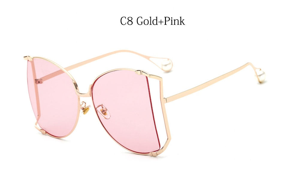 2022  Brand Pearls Half Round Sunglasses Women  Big Frame Gradient Sun Glasses Female Oculos Unisex Eyewear